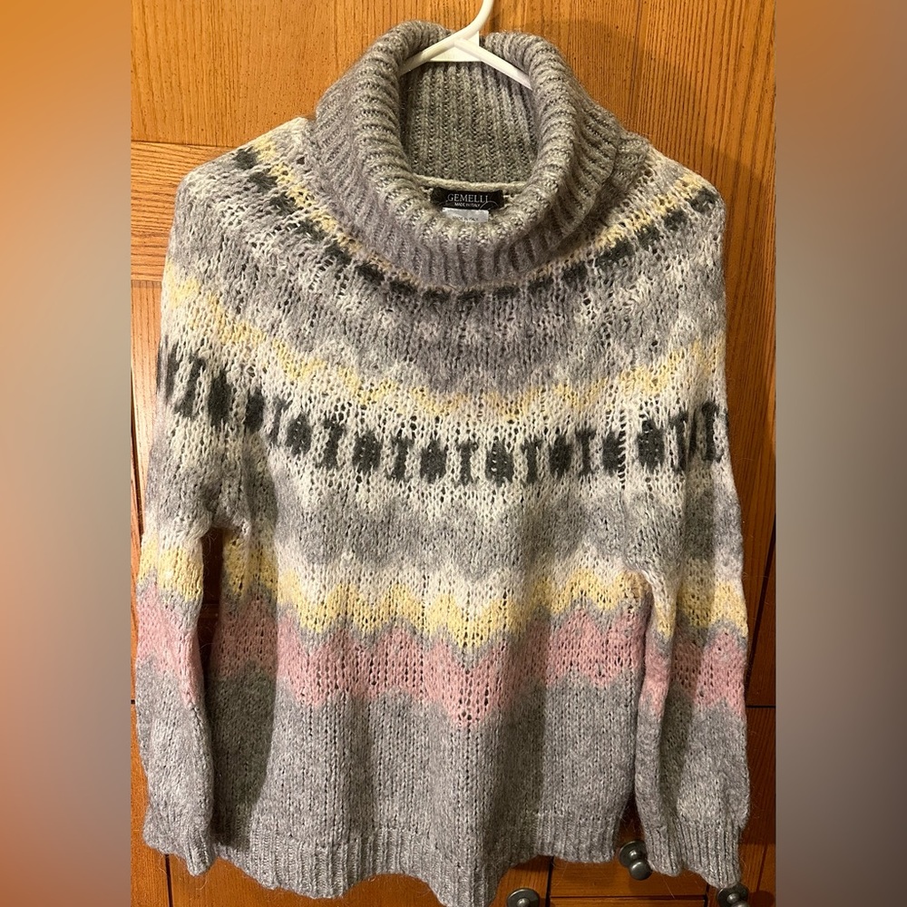 Gemelli Cowl neck, multi coloured fair isle design sweater mohair blend
